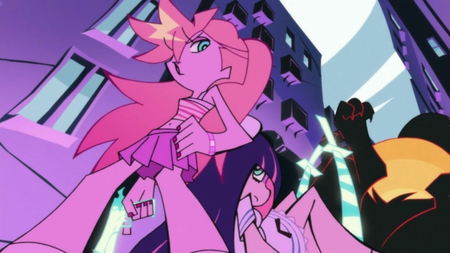 Panty and Stocking - screenshot, female, panty and stocking with garterbelt, gun, anarchy stocking, sword, blonde hair, weapons, series anarchy panty, long hair, ribbon, multi colored hair, character, blue eyes