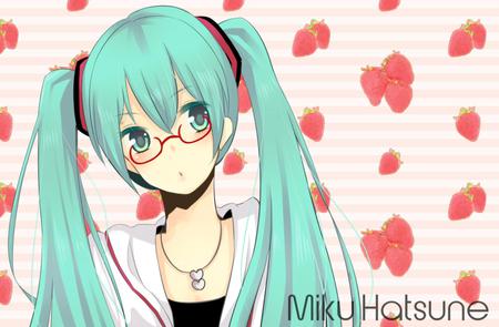 Hatsune Miku - aqua, glasses, music, anime girl, white, cool, aqua eyes, hatsune miku, song, vocaloids, program, vocaloid, pink, beautiful, diva, nice, beauty, strawberry, twintail, singer, aqua hair, virtual, pretty, idol, anime, miku, cute, girl, necklace, fruit, hatsune, red, awesome