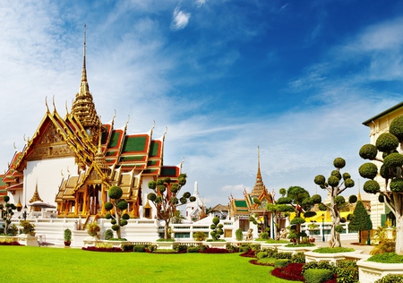 Thailand - alley, blue, thailand, grass, view, garden, houses, sky, clouds, house, bangkok, trees, beautiful, palace, beauty, colors, lovely, architecture, colorful, nature, grand, green, temple, peaceful