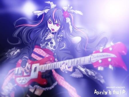 Anime - goth, guitar, skulls, anime, red, kimono, lolita