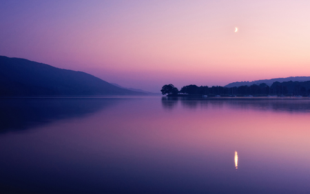 Twilight - sky, trees, mountains, clear, calm, nature, lakes, reflection, beautiful, twilight, waters, colors, dusk