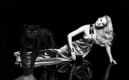 A black panther and a silver dress - animal, woman, silver, photography, dress, panther, balck and white