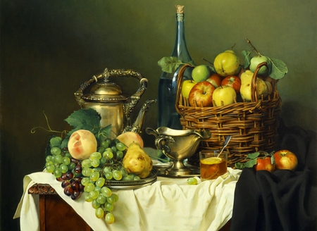 bounty spread - spoon, goblet, cloth, table, teapot, basket, grapes, wine, apples, fruit, wall, glass, stilllife