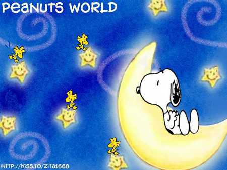 peanuts world - moon, peanuts, snoopy, stars