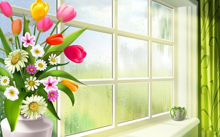 Bouquet and spring rain - windows, colours, rain, bouquet, flowers, curtain, spring, vase