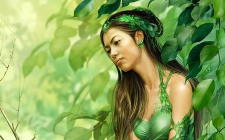 Woman in green - fantasy, woman, green, painting, art, leaves