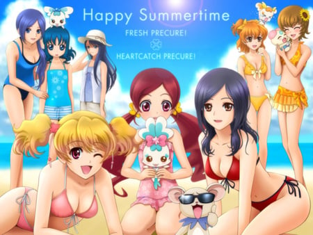 summer girls - beach, female, girl, swimsuit, bear, water, summer, anime girl, wome, heartcatch precure, bikini, anime