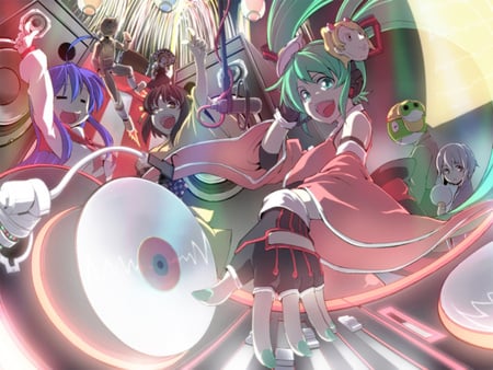 the big party - women, lucky star, anime, vocaloid, female, girl, hatsune miku, party, music, frog