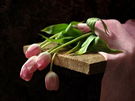 Lovely Pinks - pink fabric, tulips, table, flowers, still life