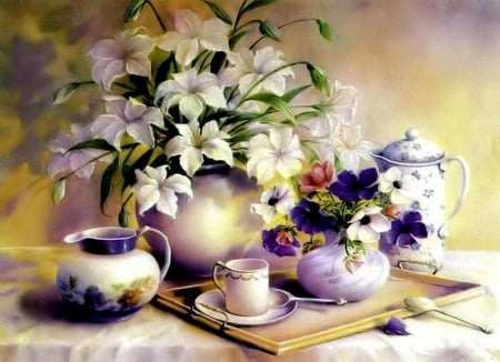 Lovely Lilys - tray, white lilys, teacup, flowers, vase, still life