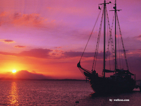 Sea Sunset - beautiful, purple sea, sunset, sail boath, fullcolour sky, shadow