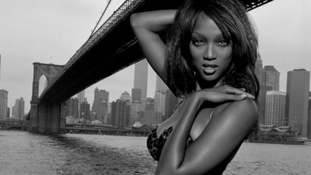 Tyra-Banks - woman, women, lady, sky, models, building, female, people, water, black, white