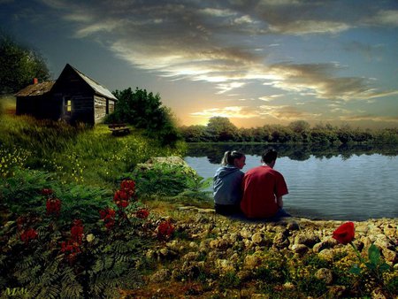 Sweet love scene - sunset, people, lake, friendship, couple, love