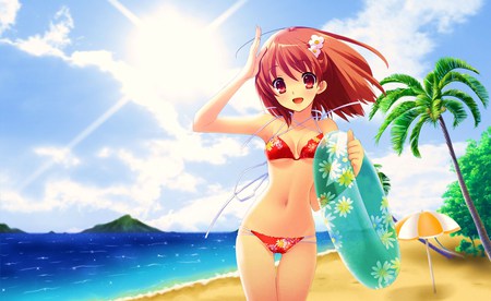 Sunny Summer - beach, ocean, palm tree, sun, visual novel, yui inaba, cloud, flyable heart, bikini, unisonshift, umbrella, clouds