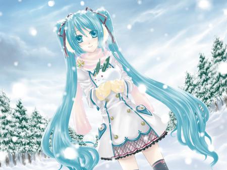 Hatsune Miku - aqua, thighhighs, music, anime girl, white, rabbit, cool, snow rabbit, aqua eyes, hatsune miku, skirt, song, snowflakes, vocaloids, program, vocaloid, snow, beautiful, diva, dress, beauty, nice, sky, trees, twintail, aqua hair, singer, bunny, black, virtual, pretty, idol, clouds, anime, green, miku, cute, girl, winter, hatsune, blue, scenery, awesome, ear muffs