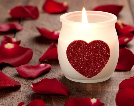 Romance - glass, rose, with love, beautiful, candles, abstract, heart, light, hearts, nature, rose petals, arrangement, red, pretty, beauty, flowers, valentines day, love, romance, wood, candle, petals, roses, lovely, romantic