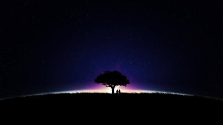 Starry Night - hill, woman, starry night, 3d, couple, man, tree, sky