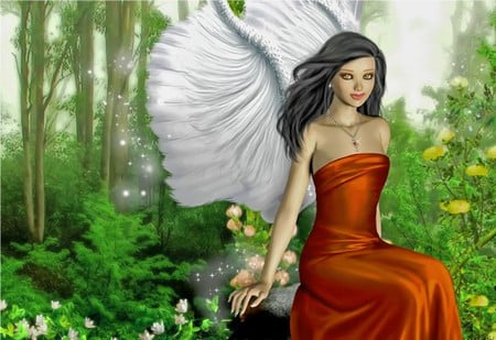 FOREST ANGEL - flowers, forest, angel, female