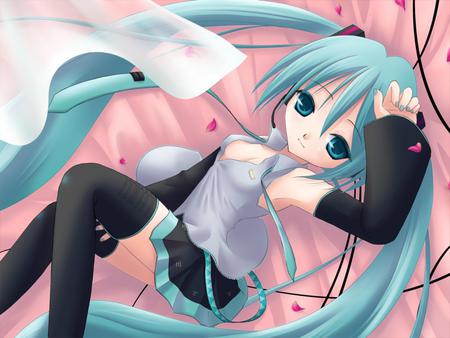 Hatsune Miku - tie, pretty, rose petals, pink, uniform, curtain, bed, nice, program, red rose, hot, thighhighs, beauty, virtual, petals, white, cute, aqua eyes, song, sexy, vocaloid, anime, twintail, room, hatsune miku, music, aqua, red, chibi, idol, anime girl, skirt, beautiful, singer, girl, cool, black, miku, awesome, diva, aqua hair, hatsune, vocaloids