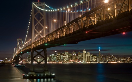 The SF Bay Bridge - skyline, beautiful, night, city, architecture, bridges