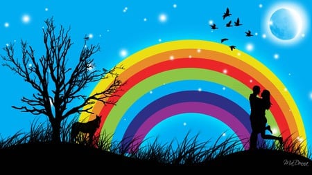 Love Under the Rainbow - love, moon, stars, rainbow, sky, night, valentines day, tree, firefox persona, birds