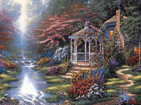 beauty lies out the door - lightbeam, cottage, paradise, sun, colorful, stream, creek, paint, reflection, river, garden, branches, blooms, park, gardens, place, flooral, nature, forest, tranquil, beautiful, rest, nice, trees, peaceful, water, gazebo, path, creative pre-made, painting, quiet, pretty, calmness, pavillion, house, paintings, attractions in dreams, houses, gasebo, serene, surround, summer, lovely, hideaway, serenity, love four seasons, steps, flowers, colors