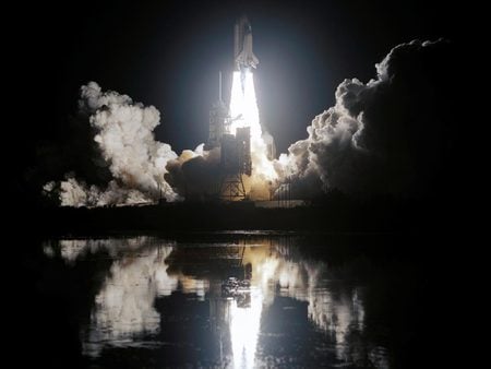 Space Shuttle Launch - flames, smoke, reflection, darkness