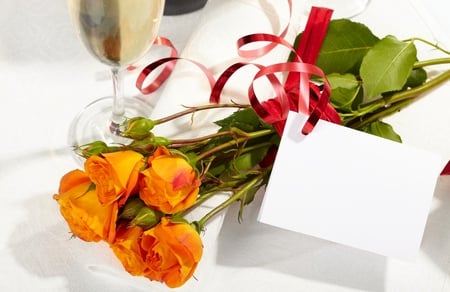 Roses - beauty, roses, photography, champagne, bouquet, rose, wine, still life, with love, white, pretty, valentines day, orange, romance, ribbon, love, glass, for you, lovely, nature, romantic, red, orange roses, beautiful, flowers, colors