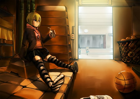 Break time - juice, resting, girl, striped socks