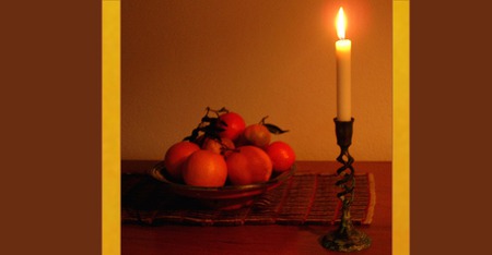 the candle light - candle, manizyn, table, fruits