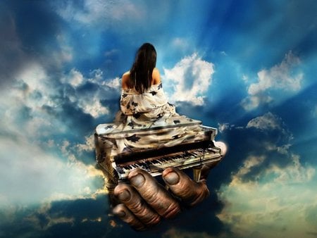 PIANO GIRL - clouds, piano, hand, girl, sky