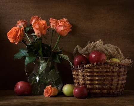 still life - roses, photo, flowers, old, fruit, nice, beautiful, photography, cool, still life, flower, bouquet, jug, harmony, basket, rose, apple