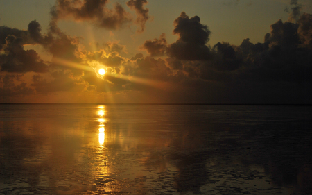 time to reflect - sunshine, sky, sun, sunset, bright, nature, dark, yellow, reflection, cloud, beautiful, clouds