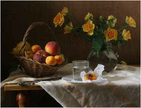 still life - nice, roses, photography, water, basket, bouquet, rose, still life, cool, kettle, old, harmony, drops, glass, peach, pear, wet, fruit, beautiful, apricot, flowers, photo, elegantly, flower