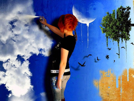 Spray Clouds - woman, sky, girl, female, kreativ, spray, tagging, spray paint, clouds, 3d, blue, beautiful, green, red head, abstrakt, cute