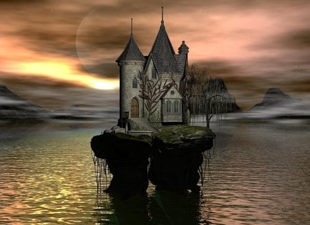 FANTASY CASTLE - moon, sky, ocean, stars, clouds, castle, fantasy