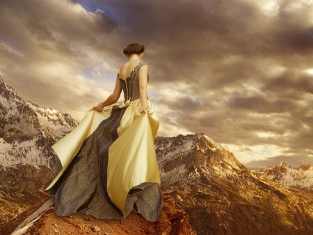 ON THE MOUNTAIN TOP - sky, mountain, female, clouds, golden