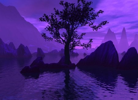 PURPLE MOUNTAINS - purple, sky, clouds, water, tree, mountains