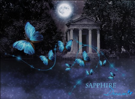 SAPPHIRE DREAM - moon, blue, night, sapphire, dream, butterflies