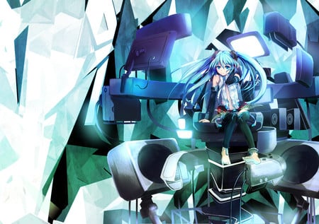 Miku Append - base, aqua, hot, headset, append, thighhighs, colorful, music, anime girl, white, cool, tv, aqua eyes, hatsune miku, sexy, light, song, vocaloids, program, glow, vocaloid, pink, beautiful, diva, beauty, nice, twintail, singer, aqua hair, miku append, black, bass, virtual, pretty, idol, anime, miku, cute, prism, girl, shiny, hatsune, microphone, blue, headphones, awesome, digital, crystals