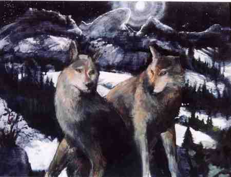 wolves - moon, trees, dogs, animals, wolves