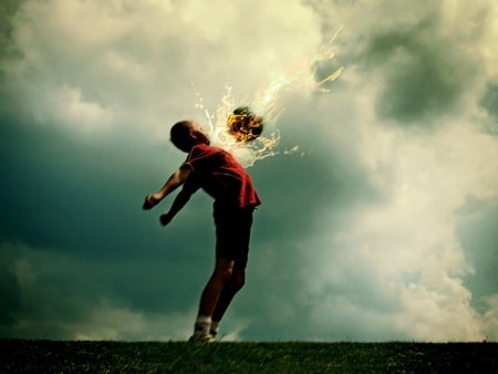 Fire Ball !!! - sport, cloud, man, football, field, ball