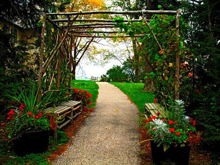 beautiful garden - wooden benchs, roses wreath, alley, pot flowers, beautiful, greens, park, grass