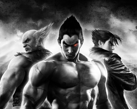 Heihachi, Kazuya, Jin - anime, kazuya, tekken, white hair, kazuya mishima, male, glowing eye, kazama jin, black and white, spiky hair, heihachi, monochrome, fighters, clouds, mishima heihachi, shirtless, grey background, cool, red eyes, heihachi mishima, jin, mishima kazuya, black hair, games, video games, muscles, trio, jin kazama