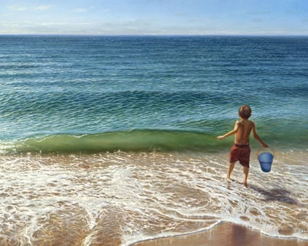 Sea Of Dreams - blue bucket, boy, sea, dreams