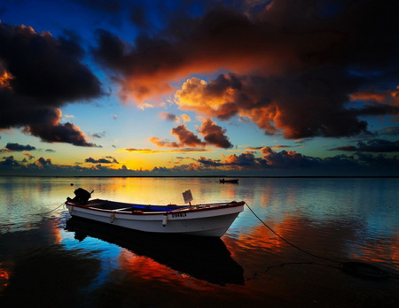 Sunrise - river, water, reflected, colors, wonderful, sunrise, boat