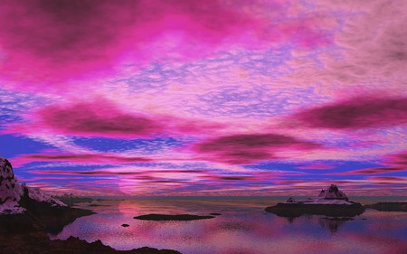 PINK SKY - sky, mountains, pink, clouds, sunset, ocean, blue