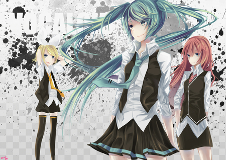 Vocaloids - virtual, miku, digital, kagamine, vocaloids, song, megurine, uniform, singer, megurine luka, cool, pink, awesome, vocaloid, thighhighs, yellow, anime, twintail, skirt, aqua hair, painting, hatsune, black, cute, rin, beautiful, hot, girl, anime girl, white, pink hair, luka, program, aqua eyes, artistic, pretty, aqua, beauty, kagamine rin, yellow hair, drawing, dress, art, diva, nice, tie, sexy, idol, music, hatsune miku