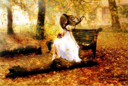 Autumn Lady in Park Bench