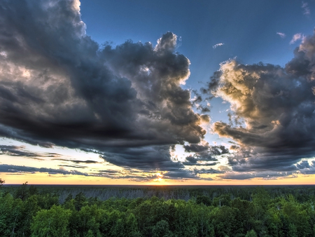 clouds collision - sunlight, green, war, field, sky, blow